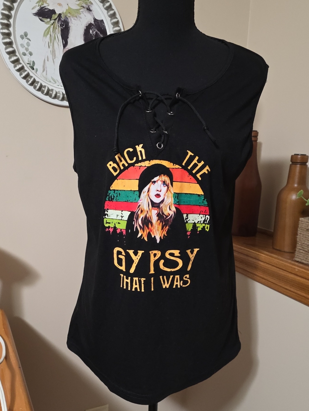 Black Lace-Up Graphic Tank Top - 'Back The Gypsy That I Was'